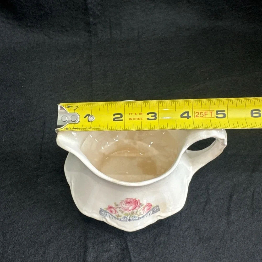 Rare 1941 Homer Laughlin Creamer Pitcher 3 Pink Peonies w/ Blue Geometric Scroll
